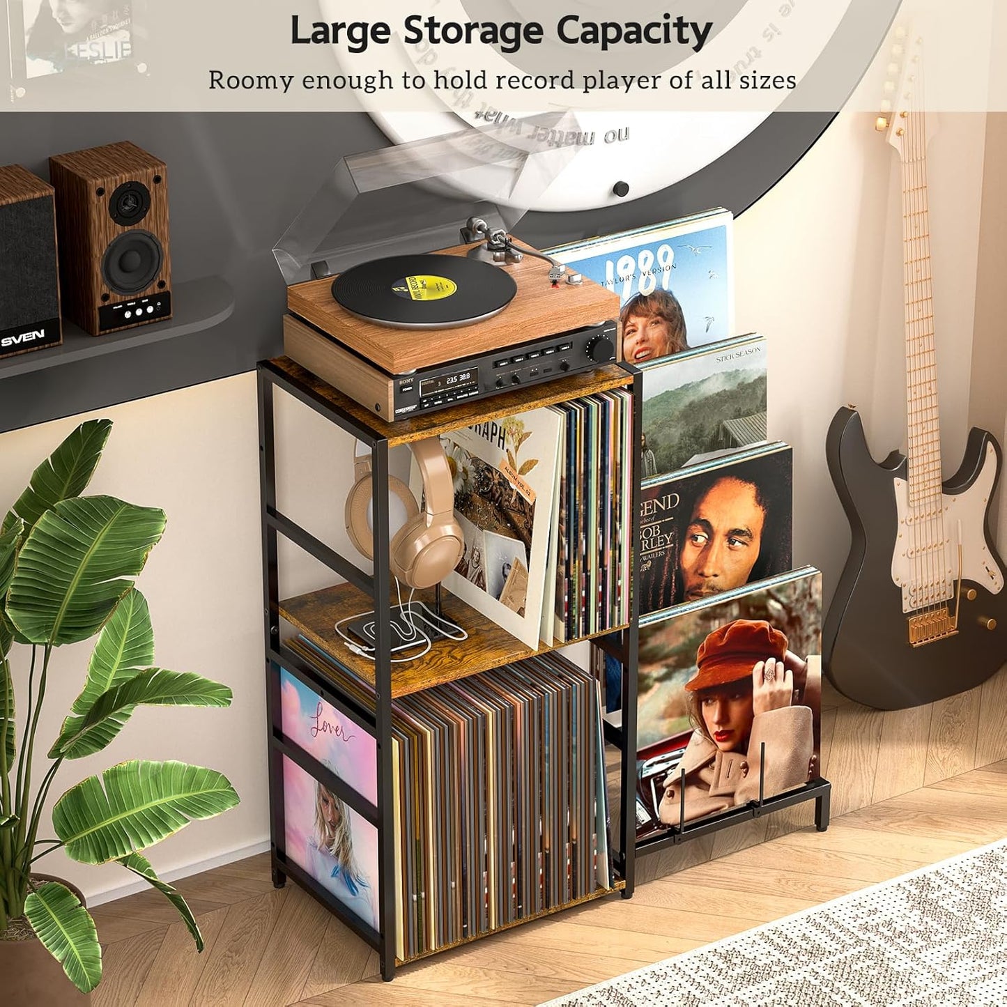 Record Player Stand, Vinyl Record Stand with 4-Tier Vinyl Record Display, Record