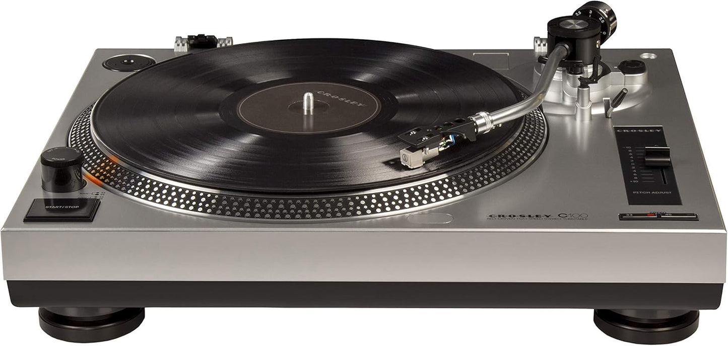 C100A-SI Belt-Drive Turntable Record Player with Adjustable Counterweight, Silver