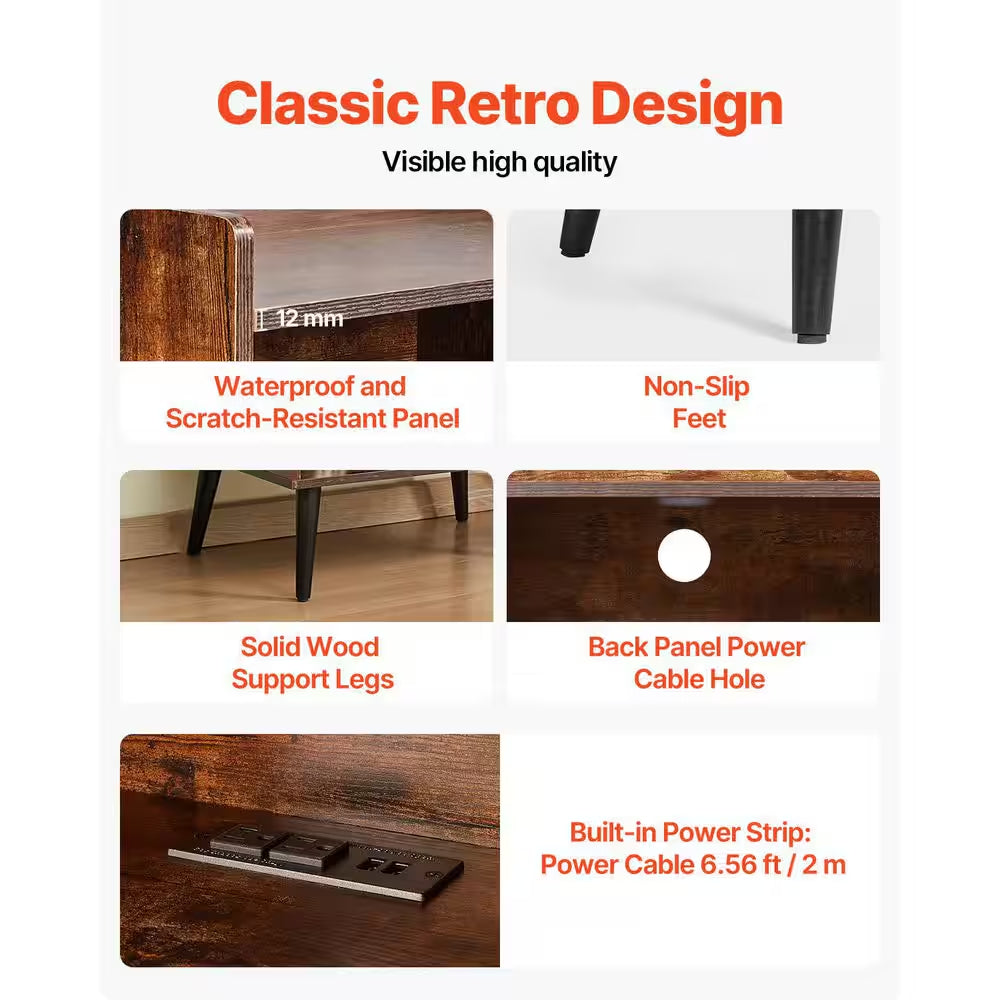 Record Player Stand / LED Light, 3 Tiers Turntable Stand with Charging Station and USB Ports, Full Motion, 20 In. Size