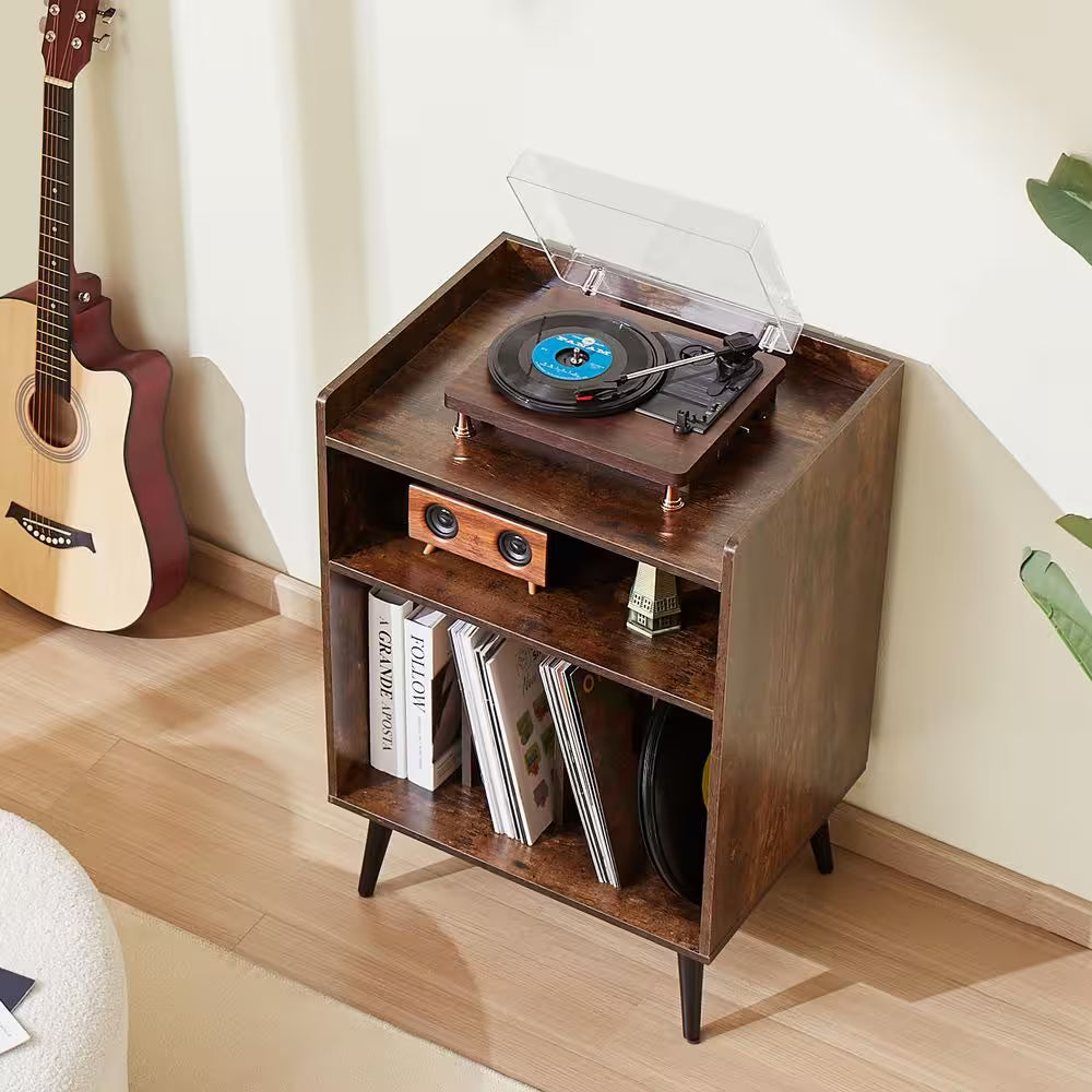 Record Player Stand / LED Light, 3 Tiers Turntable Stand with Charging Station and USB Ports, Full Motion, 20 In. Size