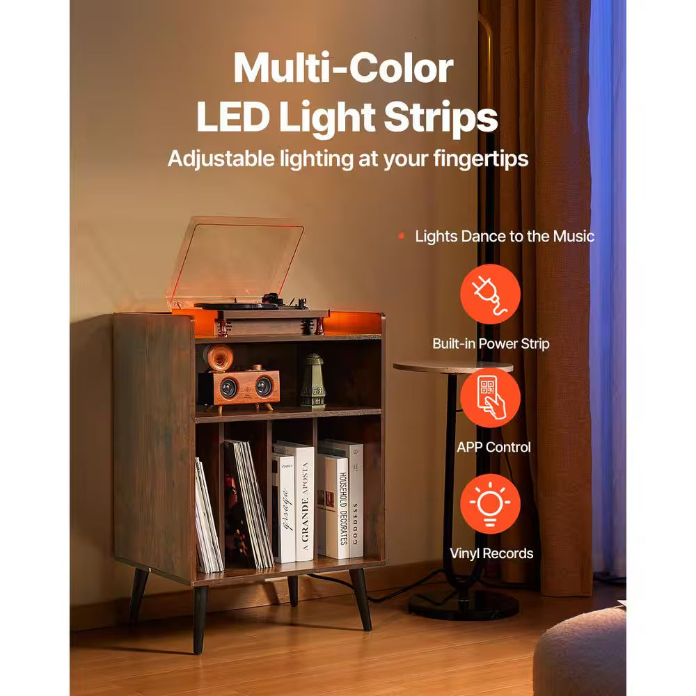 Record Player Stand / LED Light, 3 Tiers Turntable Stand with Charging Station and USB Ports, Full Motion, 20 In. Size