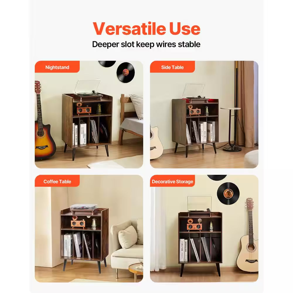 Record Player Stand / LED Light, 3 Tiers Turntable Stand with Charging Station and USB Ports, Full Motion, 20 In. Size