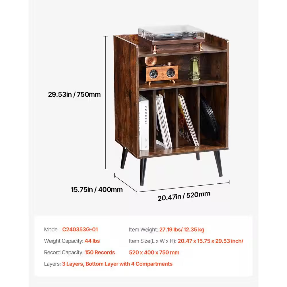 Record Player Stand / LED Light, 3 Tiers Turntable Stand with Charging Station and USB Ports, Full Motion, 20 In. Size