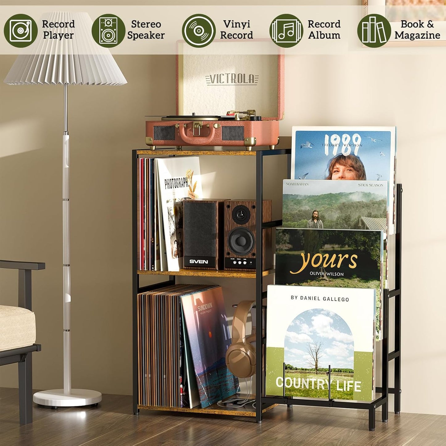 Record Player Stand, Vinyl Record Stand with 4-Tier Vinyl Record Display, Record