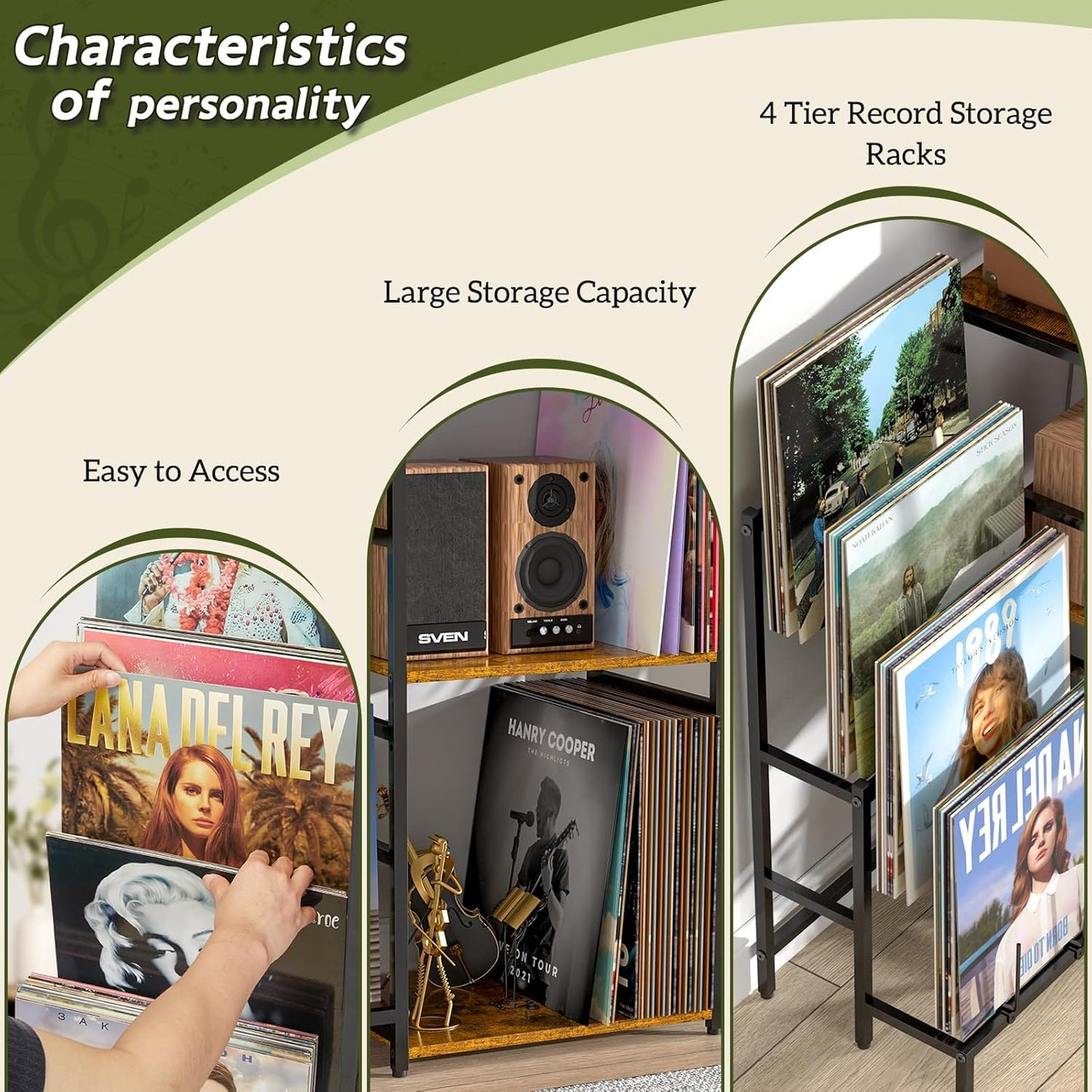 Record Player Stand, Vinyl Record Stand with 4-Tier Vinyl Record Display, Record