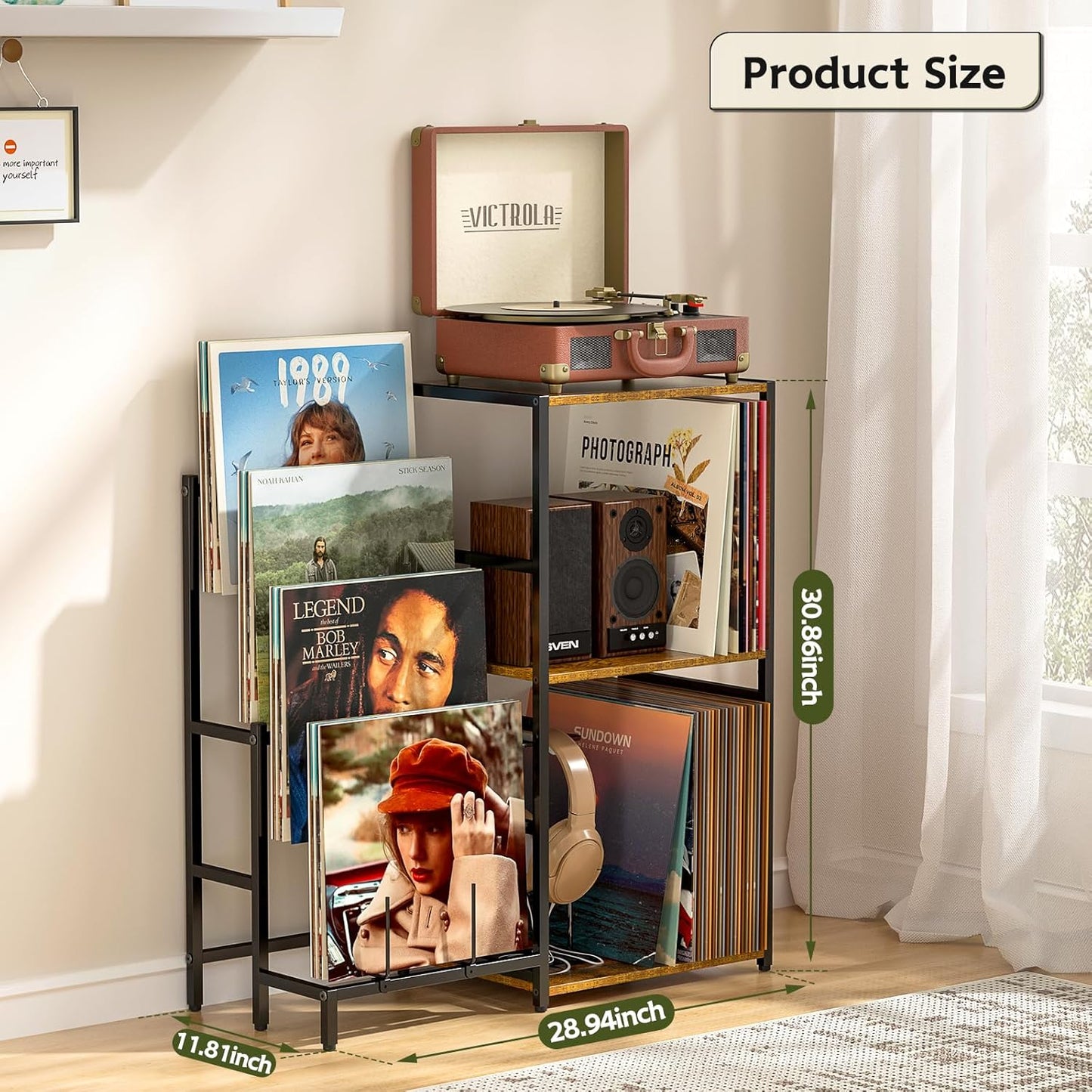 Record Player Stand, Vinyl Record Stand with 4-Tier Vinyl Record Display, Record