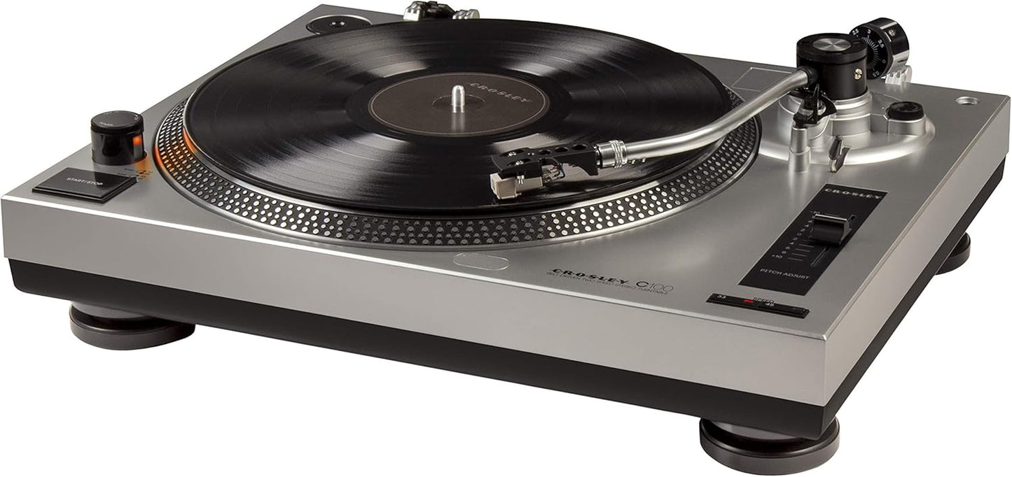 C100A-SI Belt-Drive Turntable Record Player with Adjustable Counterweight, Silver