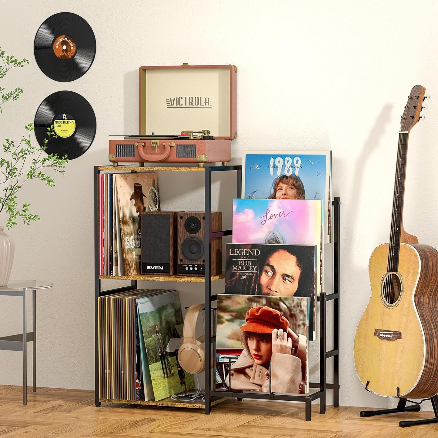 Record Player Stand, Vinyl Record Stand with 4-Tier Vinyl Record Display, Record