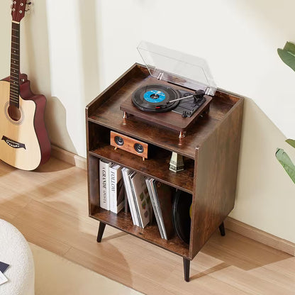 Record Player Stand / LED Light, 3 Tiers Turntable Stand with Charging Station and USB Ports, Full Motion, 20 In. Size