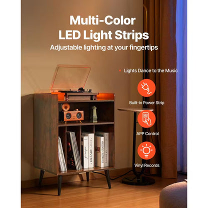 Record Player Stand / LED Light, 3 Tiers Turntable Stand with Charging Station and USB Ports, Full Motion, 20 In. Size