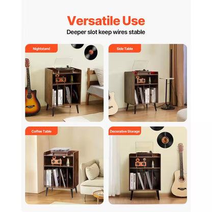 Record Player Stand / LED Light, 3 Tiers Turntable Stand with Charging Station and USB Ports, Full Motion, 20 In. Size