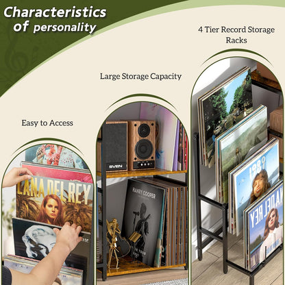 Record Player Stand, Vinyl Record Stand with 4-Tier Vinyl Record Display, Record