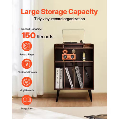 Record Player Stand / LED Light, 3 Tiers Turntable Stand with Charging Station and USB Ports, Full Motion, 20 In. Size