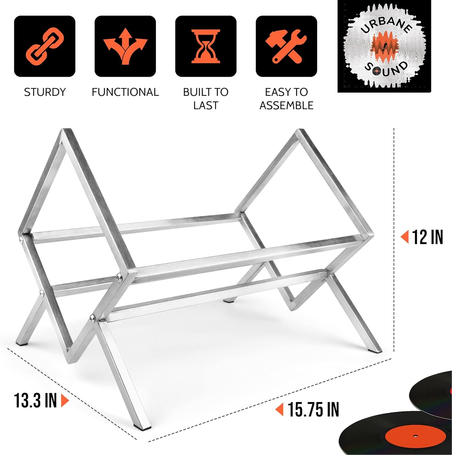 Vinyl Record Storage Rack - Camden Vinyl Record Holder - Vinyl Storage Rack - Record Stand for LP Storage - Vinyls Organiser - Vinyl Album Storage 70Lps Books Magazines Albums (Silver)
