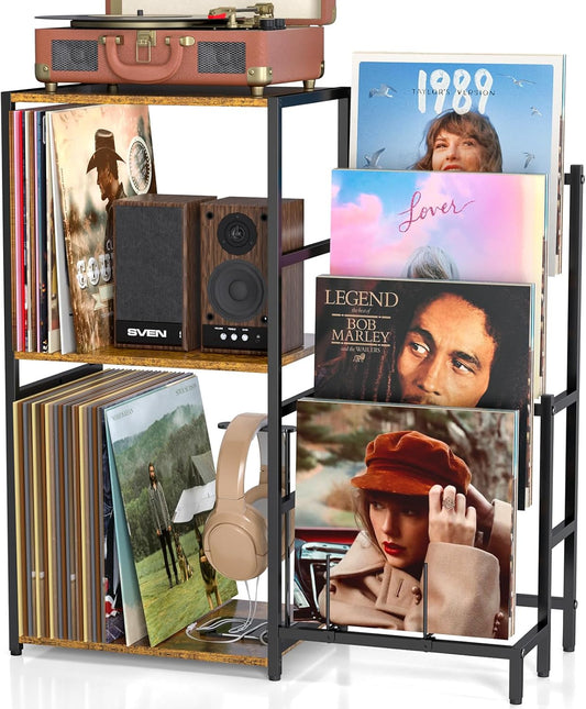 Record Player Stand, Vinyl Record Stand with 4-Tier Vinyl Record Display, Record