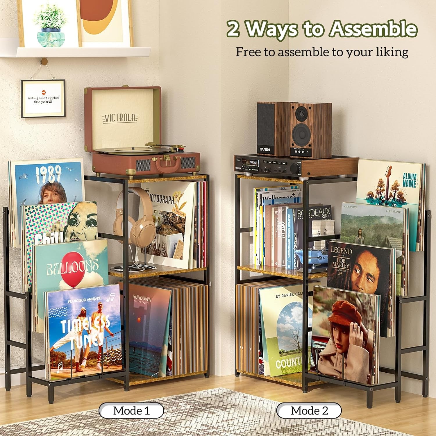 Record Player Stand, Vinyl Record Stand with 4-Tier Vinyl Record Display, Record